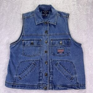 Vintage Solutions Original Women's Large Blue‎ Denim Biker Vest USA Heart 90s